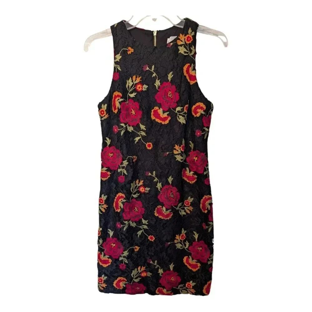 Nicole Miller Knee Length Floral Sleeveless Dress Size 2 Beautiful Black Lace